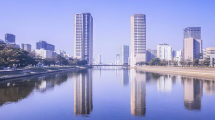 Naklejka premium Cityscape Reflection in Calm Water, Urban Illustration