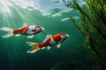 Obraz premium Koi Fish Gracefully Swim Underwater, Sunlight Dapples Aquatic Plants, Serene Beauty in Nature's Realm