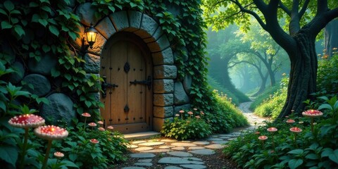 Fototapeta premium Enchanted Forest Gateway A Mystical Stone Archway Leads to a Secluded Path