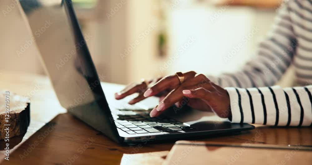 Poster remote work from home, hands and woman with computer, internet and online order for client. closeup,