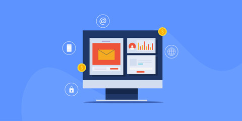 Email software solution concept. Manage and monitor email campaign performance from dashboard screen, display analytics report, customer contact and engagement concept.