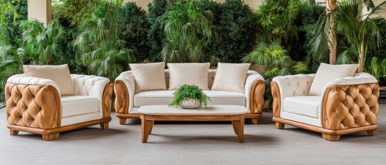 Living room with couch and coffee table in arabian desert oasis lounge with luxurious furnishings