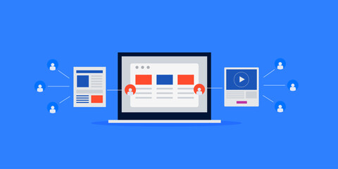 Internet advertising on social media and blog ad network sends warm customer leads to website landing page, digital sales concept.