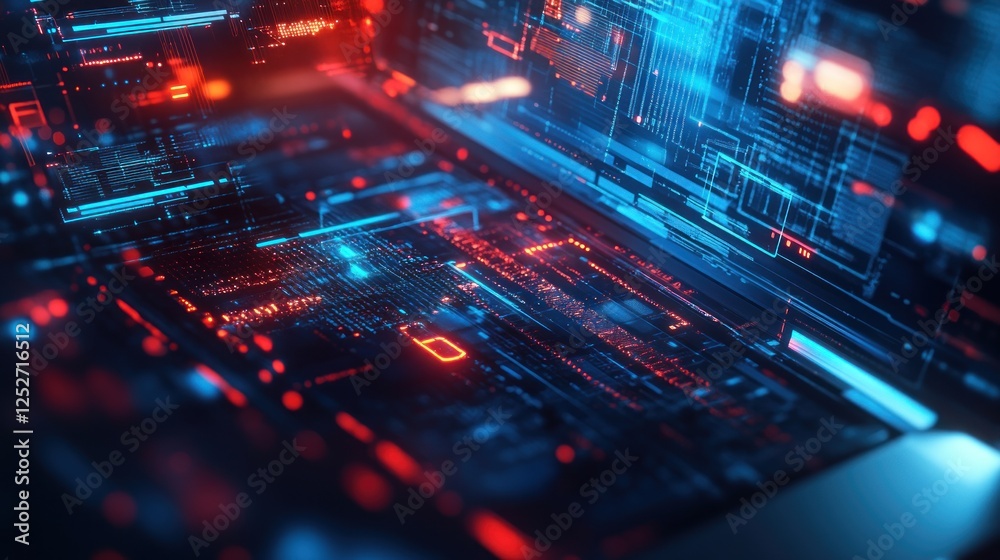 Poster futuristic digital data streams flow across a circuit board, creating an abstract tech background pe