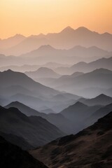 Layered mountain ranges creating misty silhouettes at sunset with orange sky and dramatic depth perspective in shades of grey. Generative AI