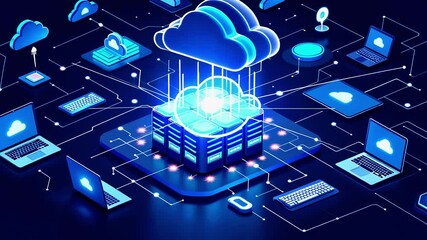 Digital illustration of cloud computing with servers and devices connected in a futuristic network