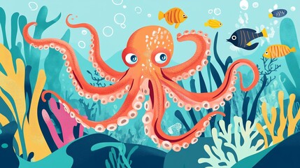 Obraz premium Vibrant underwater illustration of an orange octopus swimming among colorful fish and plants