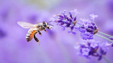Fototapeta premium Honeybee in flight pollinating lavender field