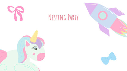 Nesting party banner honor of expectant parents. Unicorn and rocket. Website poster design in pastel colors. Vector illustration.