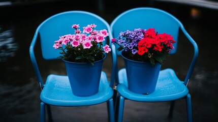 Colorful flowers in blue chairs outdoors