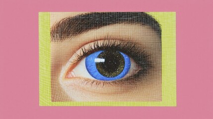 Vibrant Cosmic Eye with Digital Grid on Pink Background