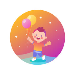 Happy child holding balloons in a festive scene
