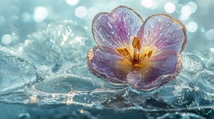 Beautiful purple flower encased in ice with shimmering background highlights