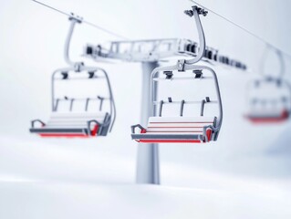 The ski lift is empty, with no passengers. The red and white seats are unoccupied. This type of equipment is used to transport people up mountains for winter sports.