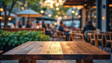 rustic wood table stands alone in the foreground, its smooth surface reflecting a hint of warm glow, set against a softly blurred background