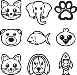 Cute Animal Icons Cat, Dog, Elephant, Fish, Bear, Paw Print
