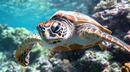 Obraz premium Green sea turtle swimming over a vibrant coral reef in clear tropical ocean water during the day.