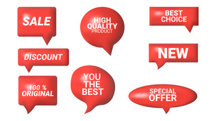 3D speech bubbles different shapes message icon. Red color with text square and round. For social media advertising posters. Vector isolated set.