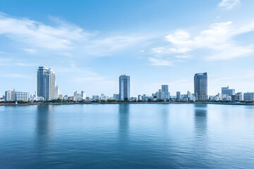 Fototapeta premium Cityscape Photo: Modern Buildings, Calm Water