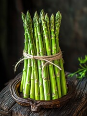A bundle of fresh asparagus tied together, ready for cooking or serving.