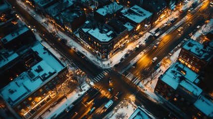 Obraz premium Aerial View of a Snowy City at Night