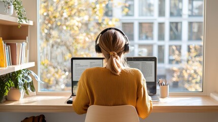 A woman in a cozy sweater sits at a desk with headphones, working on a laptop by a window with autumn foliage outside.