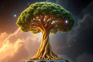 Surreal floating tree with glowing golden roots and nebula leaves, symbolizing boundless potential
