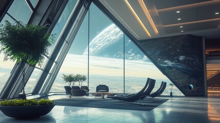 Fototapeta premium Modern lounge with a breathtaking view of Earth from a futuristic space station during daylight