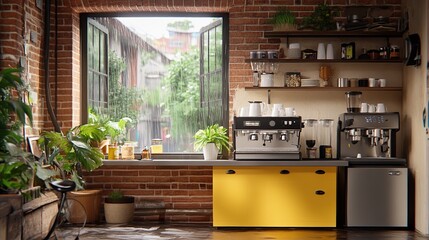 Rainy day cafe, brick wall, espresso machine, plants