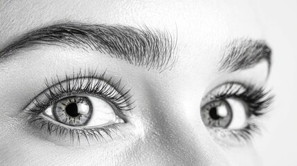 Close-up grayscale eyes, woman looking up, beauty, skincare