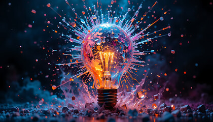 Shattered glass light bulb with glowing filament and colorful explosion of particles symbolizing creativity, innovation, energy and inspiration.