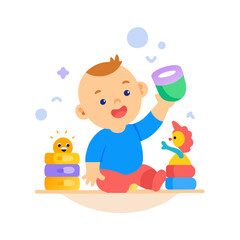 Naklejka premium Smiling baby playing with toys on the floor