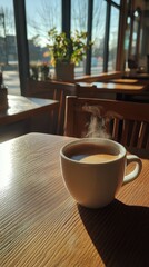 Fototapeta premium Warm cup of coffee on a sunny morning in a cozy cafe