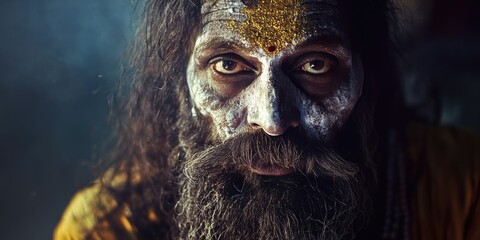 Meditating man with a gold face mask and beard, evoking spiritual ritualism. Monochromatic photography captures contemplative atmosphere.