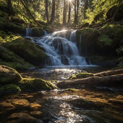 Fototapeta premium A hidden waterfall in Sunbeam Highlands, glistening as sunlight dances on the water.