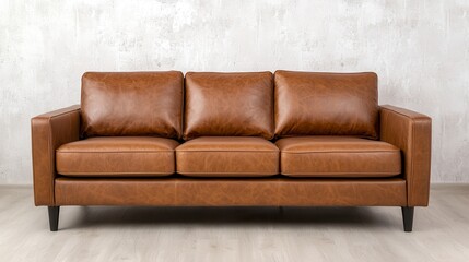 Stylish Brown Leather Sofa With Tufted Cushions Against Textured Concrete Wall