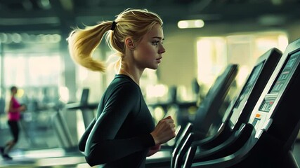 A young woman in her early twenties is running on the treadmill at a gym. She is wearing black athletic wear and has her blonde hair tied back into an elegant ponytail. 