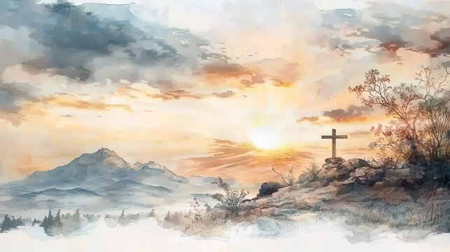 Brilliant sunrise over a majestic mountain landscape with a silhouetted cross on the hilltop symbolizing new hope divine promises and the fulfillment of faith in God s creation