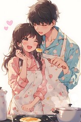 Fototapeta premium Adorable Anime-Style Couple Cooking Breakfast Together with Pancake Batter on Their Cheeks