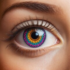 Fototapeta premium A close-up of a mesmerizing eye featuring vibrant colors, intricate patterns, and a sense of emotion, surrounded by heart-shaped bokeh effects enhancing its beauty.