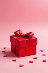 A crimson gift box adorned with a vibrant ribbon, nestled amidst a scattering of small hearts on a soft pink backdrop