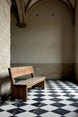 Rustic wooden bench in a hallway with arched ceilings and a checkered floor, creating a serene and contemplative atmosphere