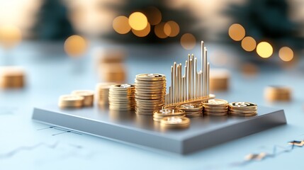 A close-up of golden coins stacked with a rising bar graph, symbolizing financial growth and investment success.