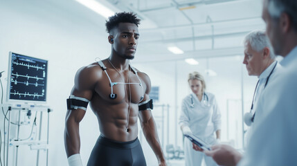 focused athlete undergoes exercise testing in lab, equipped with body sensors and monitored by medical professionals. setting is clinical, with advanced equipment visible