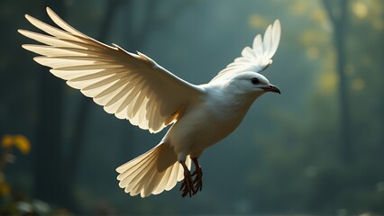 Obraz premium A serene and graceful white bird in mid-flight, captured against a soft, blurred forest background. The sunlight filters through the trees, casting a gentle glow on the bird's outstretched wings, high
