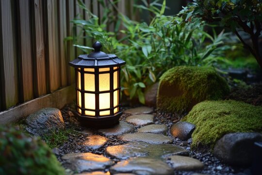 Soft glowing lantern resting on calm water surface near rocks during twilight