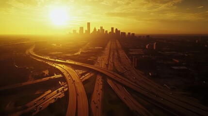 Fototapeta premium Golden Hour Skyline: Houston's Highway Embrace at Sunset