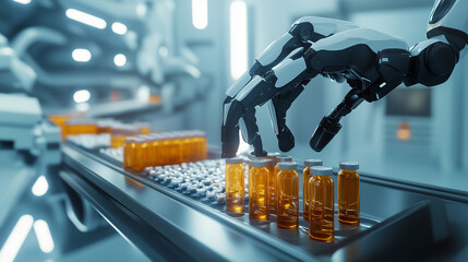 robotic arm efficiently handles pill bottles on conveyor belt in futuristic laboratory, showcasing advanced automation in pharmaceutical manufacturing
