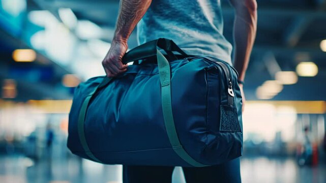 Close-up of a man holding a gym bag at an airport, with a blurred background. The man is carrying sports equipment in travel luggage for a holiday or vacation trip,