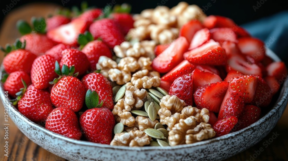 Sticker Fresh Strawberries Walnuts And Pumpkin Seeds In Bowl